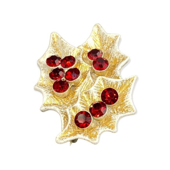 White and gold metal poinsettia pin with dark red rhinestones all intact marked - Picture 4 of 16